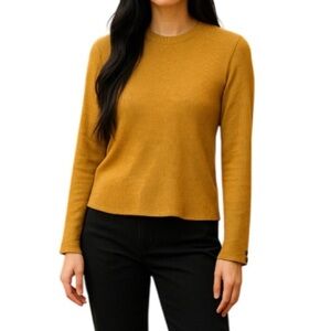 ZARA Ribbed Top Mustard Navy Ribbed Stretch Long Sleeve Textured Crew S